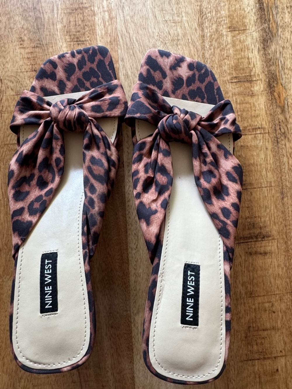 Nine West WN DIPA 2 Leopard Print Knot Slide Sandals - Black Brown kitten heels